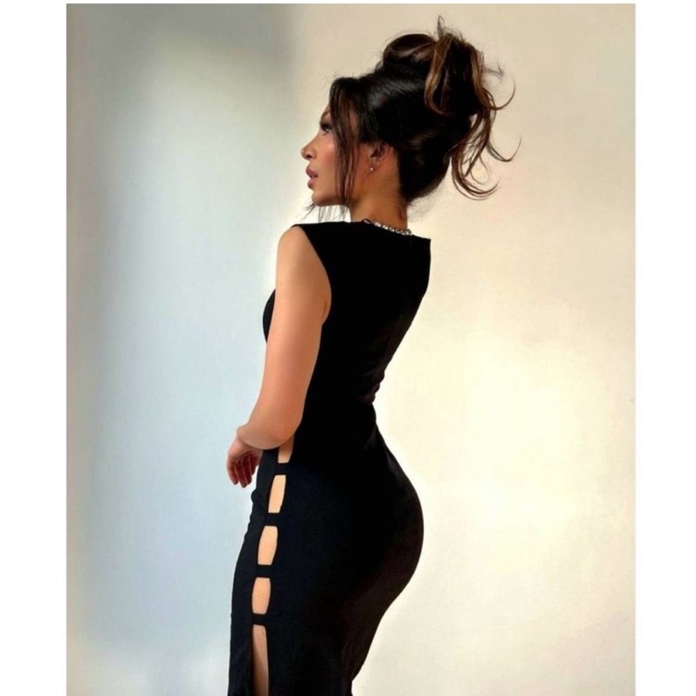 NWT Zara Black midi side cut out dress with asymmetrical neckline Sz L